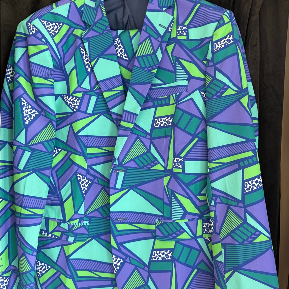 Geometric Patterned Suit in Blue and Green